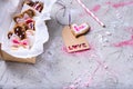 Close-up view of box with sweet valentines cookies with love tag Royalty Free Stock Photo