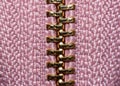 Close up view of brass zip on pink fabric