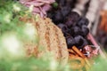 close up view of bread and grapes Royalty Free Stock Photo