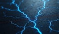 Close-up view of bright blue lightning strikes on dark textured ground. Jagged lines glow with energy across rough surface, Royalty Free Stock Photo