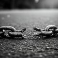 A close-up view of a broken chain lying on a textured asphalt surface. The chain Royalty Free Stock Photo