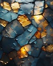 a close up view of a broken glass surface with gold and blue colors