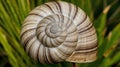 Close Up of Brown Spiral Snail Shell with Detailed Stripes on Lush Green Leaf Background Nature