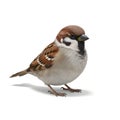 A close-up view of a brown and white speckled sparrow standing on a plain background Royalty Free Stock Photo