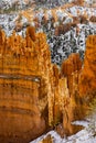 Close up view of bryce canyon national park hoodoos in winter in souther utah usa showing oranges and whites during the day