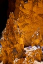 Close up view of bryce canyon national park hoodoos in winter in souther utah usa showing oranges and whites during the day