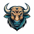 Close-up view of a bulls head featuring large horns and striking blue eyes, exuding a sense of strength and power, Elegance Royalty Free Stock Photo