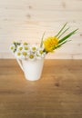 Bunch of blooming daisies and dandelions on rustic wooden background Royalty Free Stock Photo