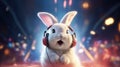 Close Up View Of Bunny Listening Music With Headphones. Cute Rabbit Sleeping And Loving Melody,Tunes And Beats. Generative AI Royalty Free Stock Photo