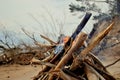 A close-up view of a burning bonfire of dry branches on the banks of the Volga River against the background of the evening sky Royalty Free Stock Photo