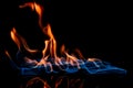 close up view of burning orange and blue flame