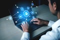 Close-up View of Business Professional Using Laptop with Digital Network Icons Representing Data Connectivity and Online Royalty Free Stock Photo