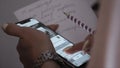 Close up view of business woman typing text message. Stock. Female hand writes SMS in phone Royalty Free Stock Photo