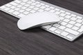 Close up view of a business workplace with wireless computer keyboard, keys and mouse on old dark wooden table background. Royalty Free Stock Photo