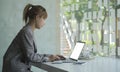 Close up view businesswoman hands typing on keyboard of laptop computer Royalty Free Stock Photo