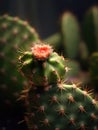 Close-up view of cactus plant, with its needles and flowers. There are several cacti in scene, some with red tips on