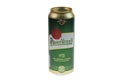 Close up view of can of Czech beer Pilsner Urquell isolated on white background.