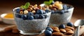 Close-up view captures chia pudding layered with assorted berries and nuts, showcasing vibrant colors and textures in a rustic Royalty Free Stock Photo