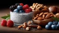 Close-up view captures chia pudding layered with assorted berries and nuts, showcasing vibrant colors and textures in a rustic Royalty Free Stock Photo