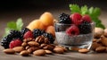 Close-up view captures chia pudding layered with assorted berries and nuts, showcasing vibrant colors and textures in a rustic Royalty Free Stock Photo