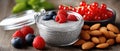 Close-up view captures chia pudding layered with assorted berries and nuts, showcasing vibrant colors and textures in a rustic Royalty Free Stock Photo