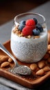 Close-up view captures chia pudding layered with assorted berries and nuts, showcasing vibrant colors and textures in a rustic Royalty Free Stock Photo