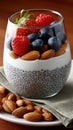 Close-up view captures chia pudding layered with assorted berries and nuts, showcasing vibrant colors and textures in a rustic Royalty Free Stock Photo