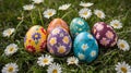 Vibrant Hand-Painted Easter Eggs in Spring Grass with Daisies Royalty Free Stock Photo