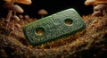 Mysterious glowing jade tablet surrounded by fungi Royalty Free Stock Photo