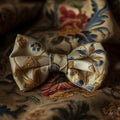 Close up of a bow tie on a patterned quilt.