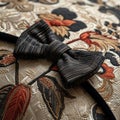 Close up of a bow tie on a patterned quilt.