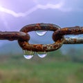 Rusty Chain Link with Raindrops in a Misty Field Royalty Free Stock Photo