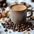 Warm coffee beverage in rustic mug with roasted beans close up Royalty Free Stock Photo