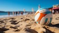 Close-up view captures volleyball in motion on sandy beach Volleyball arcs gracefully in play, volleyball players dive Royalty Free Stock Photo