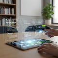 Photorealistic close-up of hands touching a glowing glass tablet displaying academic text and stylized code, symbolizing personali Royalty Free Stock Photo