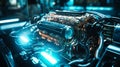 close-up view of a car engine illuminated by blue lighting. The focus is on the chrome pipes and cylinders