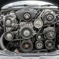 Of a car engine\'s front, showcasing a complex belt system with Royalty Free Stock Photo