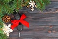 Close-up view of car keys with red bow as present on wooden background Royalty Free Stock Photo