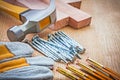 Close up view on carpentry tools on wooden board