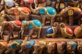 Carved wooden elephants selling in the souvenirs stall at Ratchada Rot Fai Train Night Market Bangkok