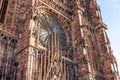 Close-up view of Cathedrale Notre Dame de Strasbourg in France Strasbourg city. Detail gothic architecture rose window