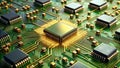 Close-up view of a central processing unit on a circuit board with glowing gold connectors. Generative AI Royalty Free Stock Photo
