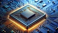 Close-up view of a central processing unit integrated circuit, showcasing intricate circuitry and illuminated pathways on a Royalty Free Stock Photo