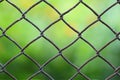 Close-up view of a chain link fence with mowed green field blurred into background. Royalty Free Stock Photo