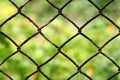 Close-up view of a chain link fence with mowed green field blurred into background. Royalty Free Stock Photo