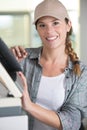 close up view charming smiling motivated female engineer