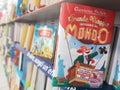 Close-up view of a children`s book cover, thick shelf of children`s books Royalty Free Stock Photo