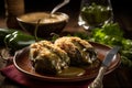 Close-up view of Chiles Rellenos, popular Mexican dish, traditional Mexican stuffed peppers. AI generated