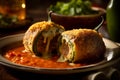 Close-up view of Chiles Rellenos, popular Mexican dish, traditional Mexican stuffed peppers. AI generated