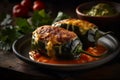 Close-up view of Chiles Rellenos, popular Mexican dish, traditional Mexican stuffed peppers. AI generated